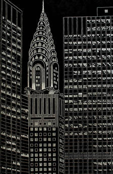 Yvonne Jacquette, “Chrysler Building Flanked by High Rise Buildings, II,” woodcut on okawara paper, 2009