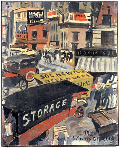Joaquín Torres-García, “New York Street Scene (Escena de una calle de Nueva York),” oil on board, 1920