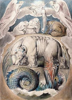 William Blake, “Behemoth and Leviathan” [Book of Job, no. 15], pen and black and gray ink, gray wash, and watercolor, over faint indications in pencil, on paper, ca. 1805–10