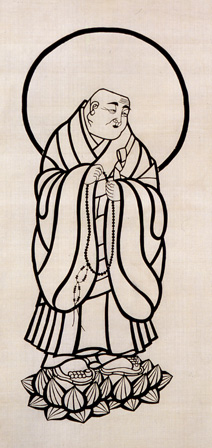 Serizawa Keisuke, "Portrait of Hōnen Shōnin," hanging scroll, stencil-dyed silk, 1942 (Courtesy Tōhoku Fukushi University Serizawa Keisuke Art and Craft Museum)