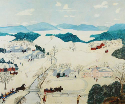 Anna Mary Robertson “Grandma” Moses, “Going to Grandma’s,” oil on board, 1944 (© Grandma Moses Properties Co., New York)