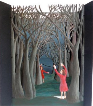 tunnel books Andrea Dezsö, “Women in Red with Black String,” hand-cut paper, thread, acrylic paint, mixed media, 2008