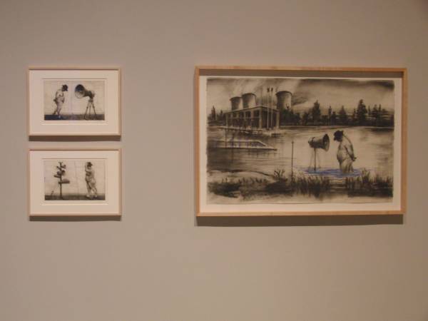 William Kentridge, “Man with Megaphone Cluster,” “Untitled (Man with Megaphone),” etching, aquatint, drypoint, and engraving with roulette and crayon additions, 1998, and “Drawing for the film ‘Stereoscope,’” charcoal and pastel on paper, 1998-99 (photo by twi-ny/mdr)