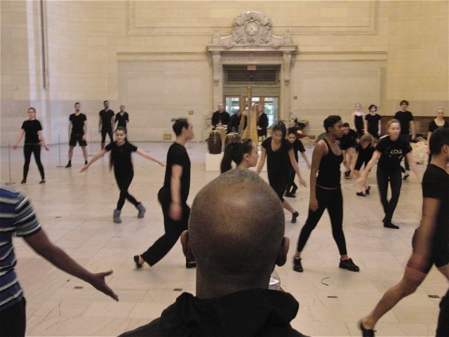 Artist Nick Cave watches a rehearsal of “Heard•NY” (sans horse costumes) in Vanderbilt Hall (photo by twi-ny/mdr)