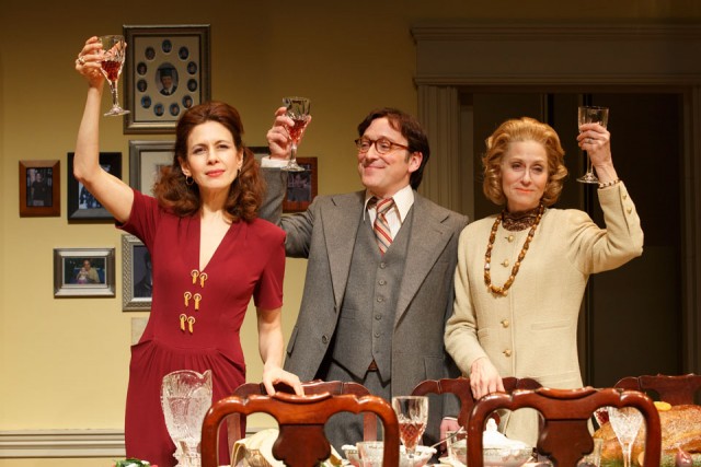 Julie (Jessica Hecht), Jeff (Jeremy Shamos), and Faye (Judith Light) share a Christmas toast in THE ASSEMBLED PARTIES (photo by Joan Marcus)