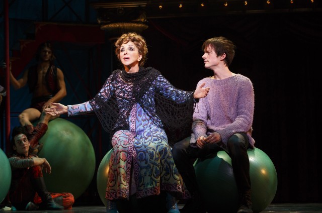 Berthe (Andrea Martin) gives life lessons to her grandson (Matthew James Thomas) in Broadway revival of PIPPIN (photo © 2013 Joan Marcus)