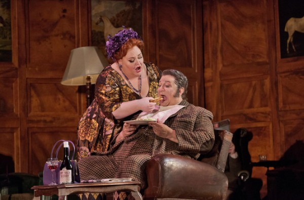 Alice (Angela Meade) and Sir John Falstaff (Ambrogrio Maestri) have a colorful tryst in Robert Carsen’s colorful production of FALSTAFF at the Met (photo by Ken Howard/Met Opera)