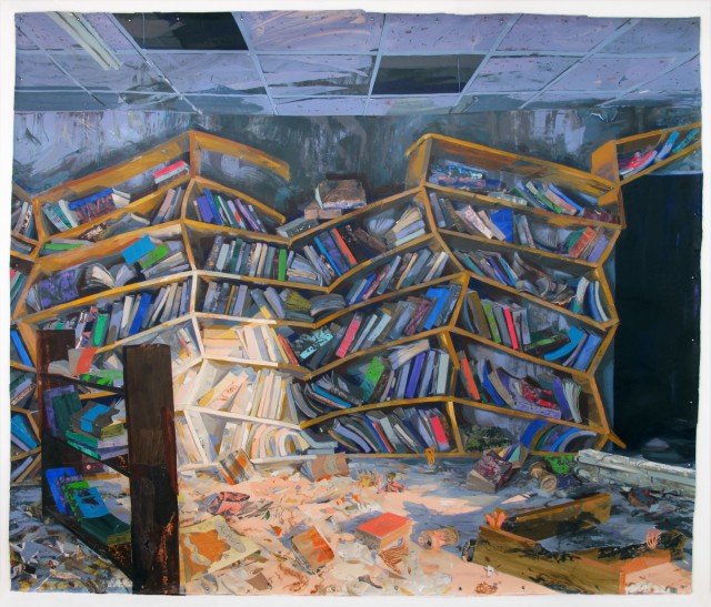 Matt Bollinger, “The Reading Room,” flashe, acrylic, collage on unstretched canvas, 2014