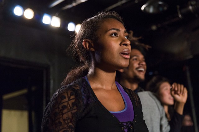 Brittane Rowe, Ashton Muñiz, Rachel Lin, and the rest of the Bats perform with the audience in TAKE CARE at the Flea Theater (photo by Bjorn Bolinder)