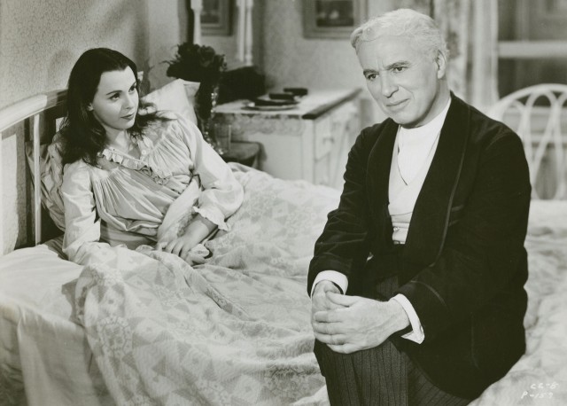 Calvero (Charles Chaplin) cares for suicidal ballerina Terry (Claire Bloom) in LIMELIGHT