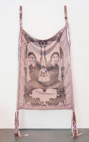 L. J. Roberts, “Sisters Are Doing It for Themselves,” Jacquard-woven cotton and Lurex, hand-dyed fabric, crank-knit yarn, thread, 2011 (photo by Mario Gallucci)