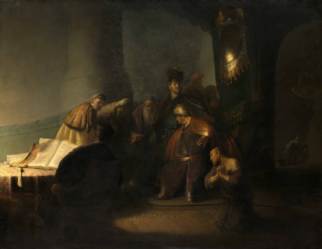Rembrandt van Rijn, Judas Returning the Thirty Pieces of Silver, oil on panel, 1629.  (© Private Collection, photo courtesy of the National Gallery, London, 2016)