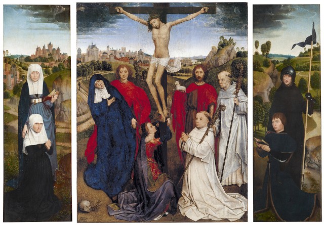 Hans Memling, “The Triptych of Jan Crabbe,” oil on panel, ca. 1467–70 (Center panel: Image courtesy of Pinacoteca Civica di Palazzo Chiericati, Vicenza. Left and right panels: © The Morgan Library & Museum, photo by Graham S. Haber)panel: Image courtesy of Pinacoteca Civica di Palazzo Chiericati, Vicenza. Left and right panels: © The Morgan Library & Museum, photo by Graham S. Haber)