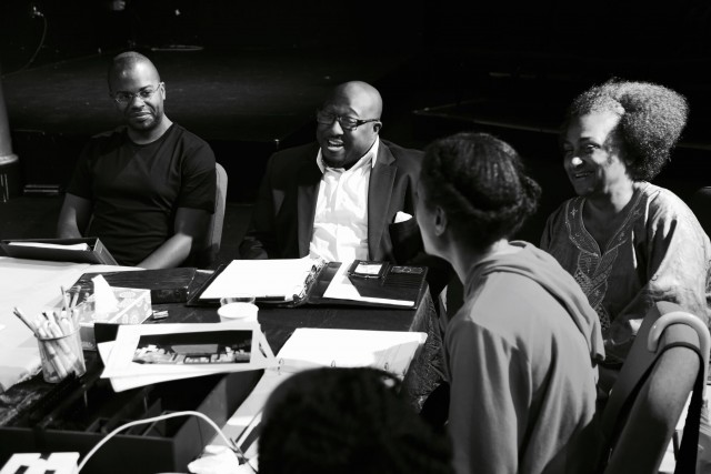 Harrison David Rivers, Justin Hicks, Abisola Faison, and Raelle Myrick-Hodges discuss SWEET on the first day of rehearsals (photo by James Reynolds)