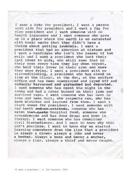 First Saturday workshop participants can make their own “I want a president” speech based on Zoe Leonard’s original 1992 text