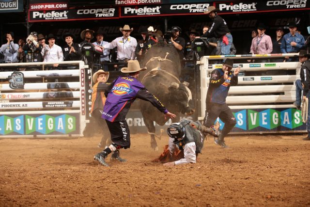 Jesse and Tanner battle Compact during the championship round in Phoenix (photo by Andy Watson / Courtesy PBR/Bull Stock Media)