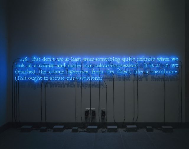 Joseph Kosuth, “276 (On Color Blue),” neon tubing, transformer, and electrical wires, 1993 (© 2016 Joseph Kosuth / Artists Rights Society, New York. Photo: Brooklyn Museum)