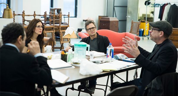 Tony Shalhoub, Jessica Hecht, and Mark Ruffalo listen to director Terry Kinney at rehearsal of THE PRICE (photo by Jenny Anderson)