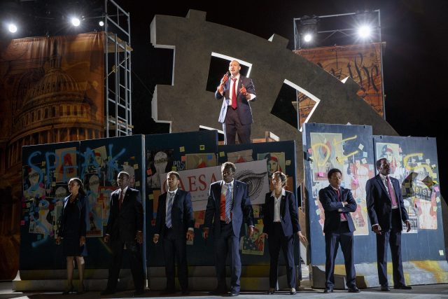 Brutus (Corey Stoll) addresses the people of Rome in Oskar Eustis adaptation of Shakespeare tragedy (photo by Joan Marcus)