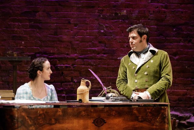 It is not exactly love at first sight for Lizzy (Kate Hamill) and Mr. Darcy (Jason O’Connell) in Pride and Prejudice (photo by James Leynse)