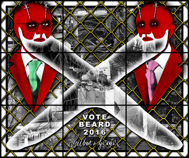 Gilbert & George, “Vote Beard,” from “The Beard Pictures,” mixed media, 2016 (© Gilbert & George. Courtesy the artists and Lehmann Maupin, New York and Hong Kong)