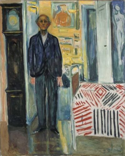 Edvard Munch, “Self Portrait between the Clock and the Bed,” oil on canvas, 1940–43 (© 2017 Artists Rights Society (ARS), New York / photo © Munch Museum)