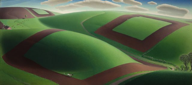 Grant Wood (1891–1942), Spring Turning, 1936. Oil on composition board, 18 1⁄4 x 40 1⁄8 in. (46.4 x 101.9 cm). Reynolda House Museum of American Art, Winston-Salem, North Carolina; gift of Barbara B. Millhouse 1991.2.2. © Figge Art Museum, successors to the Estate of Nan Wood Graham/Licensed by VAGA, New York, NY. Image courtesy Reynolda House Museum of American Art, affiliated with Wake Forest University