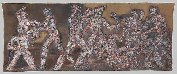 Leon Golub (American, 1922–2004). Gigantomachy II (detail), 1966. Acrylic on linen, 9 ft. 11 1/2 in. x 24 ft. 10 1/2 in. (303.5 x 758.2 cm). The Metropolitan Museum of Art, New York, Gift of The Nancy Spero and Leon Golub Foundation for the Arts and Stephen, Philip, and Paul Golub, 2016 (2016.696). Art © The Nancy Spero and Leon Golub Foundation for the Arts/Licensed by VAGA, New York, NY