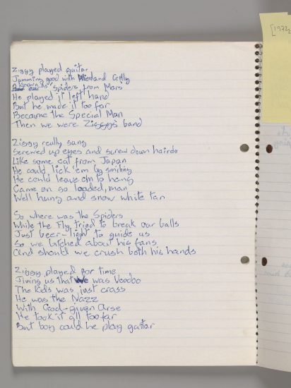 Original lyrics for Ziggy Stardust, by David Bowie, 1972. Courtesy of The David Bowie Archive. Image © Victoria and Albert Museum