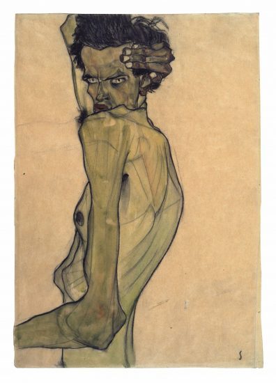 Egon Schiele, Self-Portrait with Arm Twisted above Head, Watercolor and charcoal on paper, 1910 (private collection)