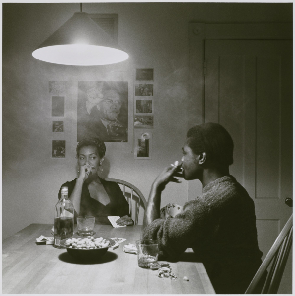 Carrie Mae Weems, “Untitled (Man Smoking / Malcolm X),” from the Kitchen Table series, gelatin silver photograph, 1990 (© Carrie Mae Weems / photo by Sarah DeSantis, Brooklyn Museum)
