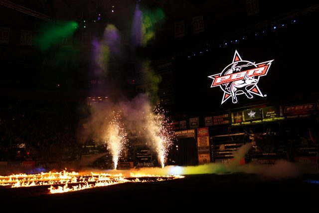 Fire and Pyro in the opening during the first round of the New York City Built Ford Tough series PBR. Photo by Andy Watson