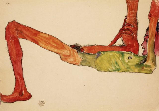  Egon Schiele Reclining Male Nude. 1910. Watercolor and black crayon on paper. Signed and dated, lower left. 12 3/8" x 16 3/4" (31.4 x 42.5 cm). Kallir D. 663. Private collection. 