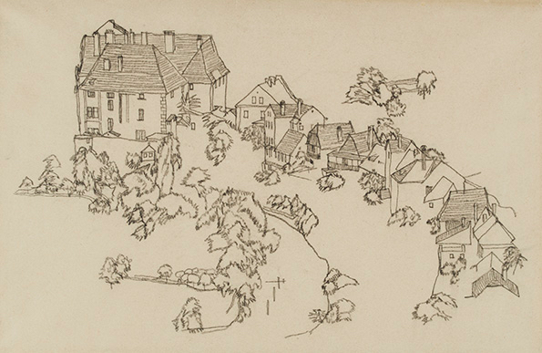  Egon Schiele Houses in Krumau. 1917. Charcoal on paper. Inscription, dated February 19, 1921, by Karl Grünwald, verso. 11 1/2" x 17 3/4" (29.2 x 45.1 cm). Kallir D. 2136. Private collection. 
